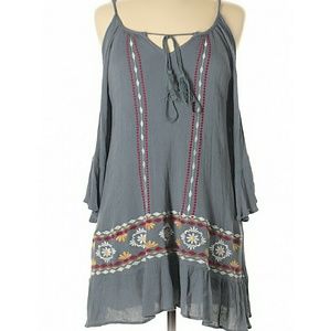 Blue gray boho cold shoulder tunic w/bell sleeves